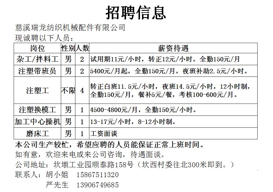 慈溪浒山白沙招聘信息发布